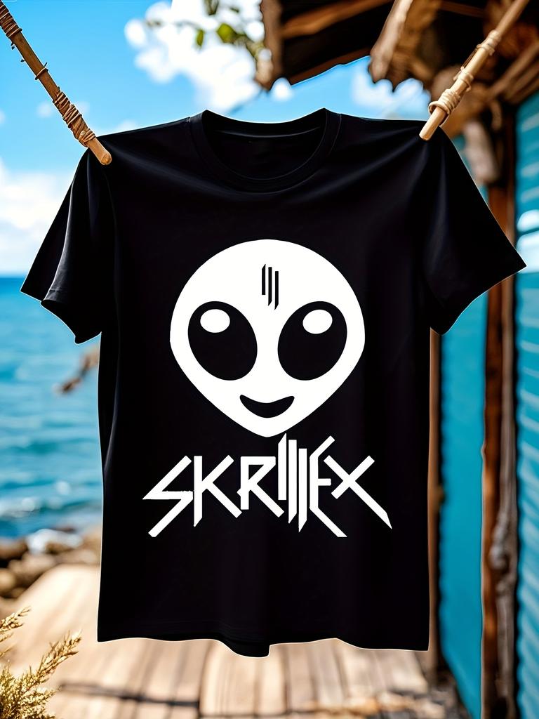 Графическая футболка Skrillex - Черная с Белым Лицом Инопланетянина и Текстом SKRILLEX - Тяжелая футболка с мерчем EDM-диджея - Круглый вырез, уличный стиль, для концертов