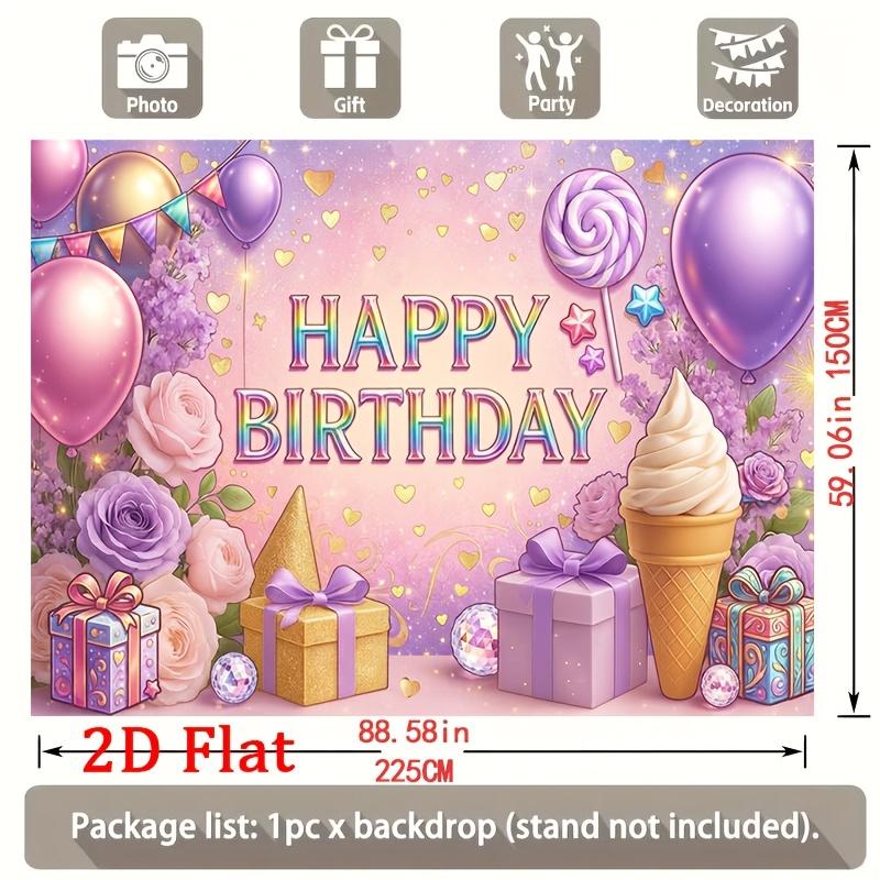 Pastel-Toned Whimsical Birthday Scene with Glossy Balloons, Blooming Roses, Gift Boxes and Soft-Serve Ice Cream Cone, Happy Birthday in