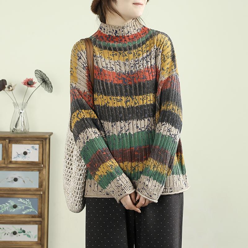 Retro Striped High Neck Knit Sweater - Autumn/Winter Collection