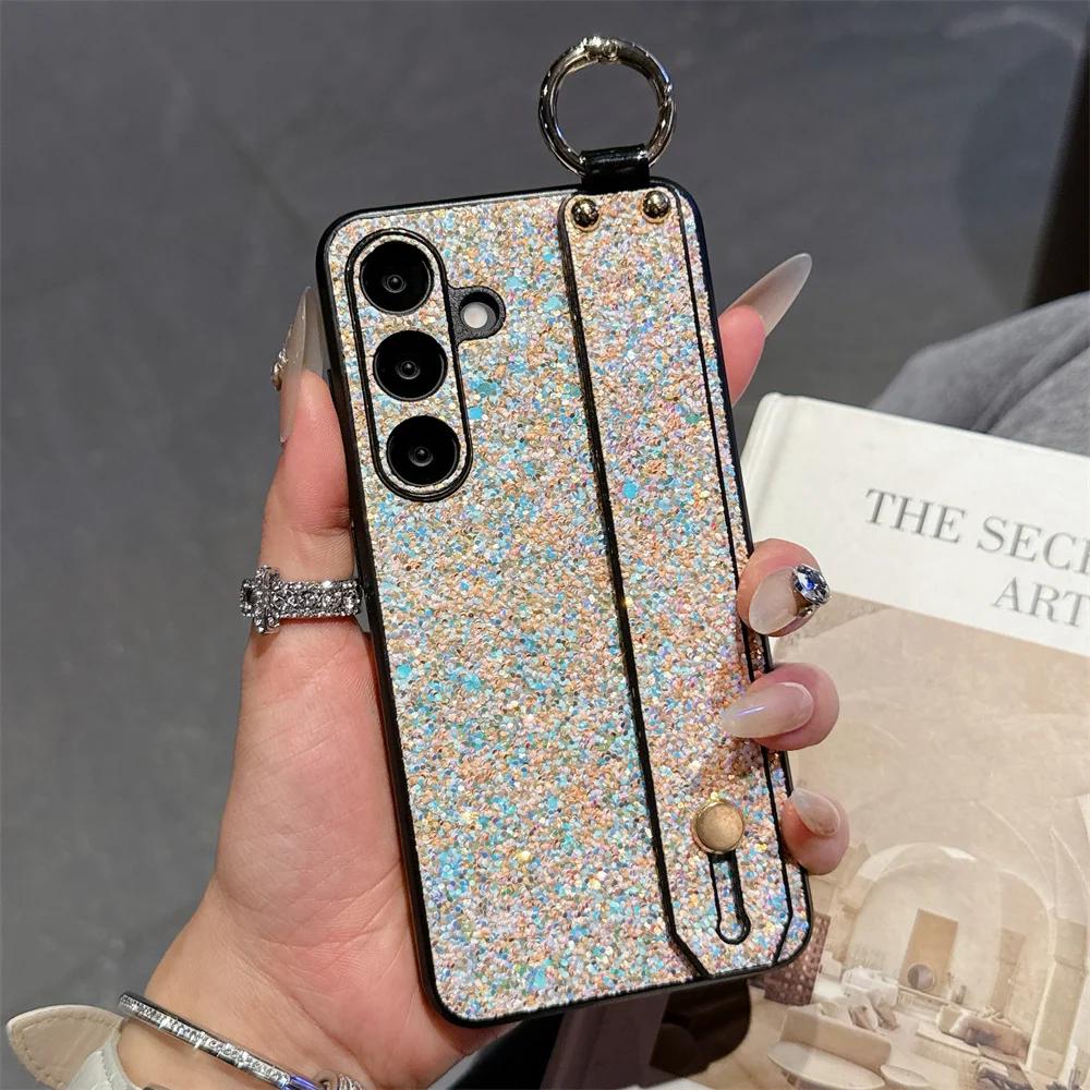 Wrist Strap Bracket Ring Phone Case for Samsung Galaxy S25 Ultra S24 S23 S22 S21 Plus Flash Diamond Leather Hard Shell Cover