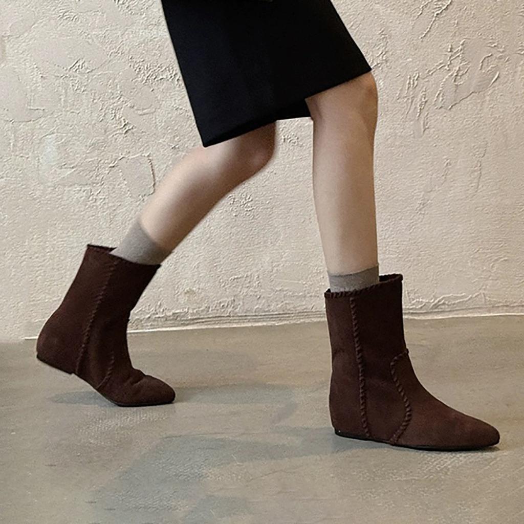 Версия из овчины~ нишевые матовые замшевые шнурки с наконечниками, внутренняя высота увеличивается, женские ковбойские ботинки в западном стиле, короткие ботинки 2025 года, тонкие ботинки