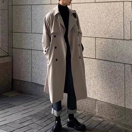 Мужская ветровка, пальто с лацканами, длинный рукав, двубортный тренчкот с карманами, однотонный свободный крой, осень-зима, средняя длина, верхняя одежда