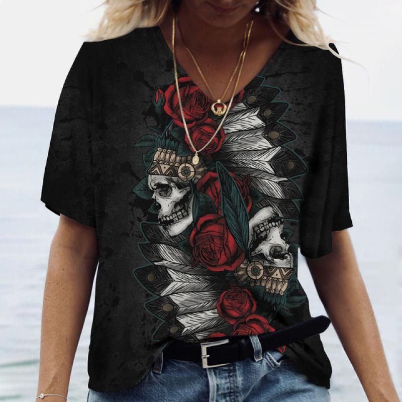 Новинка 2022 года, женские футболки с принтом черепа, женские топы с короткими рукавами, пуловер с v-образным вырезом, уличная одежда, футболки большого размера, летняя одежда