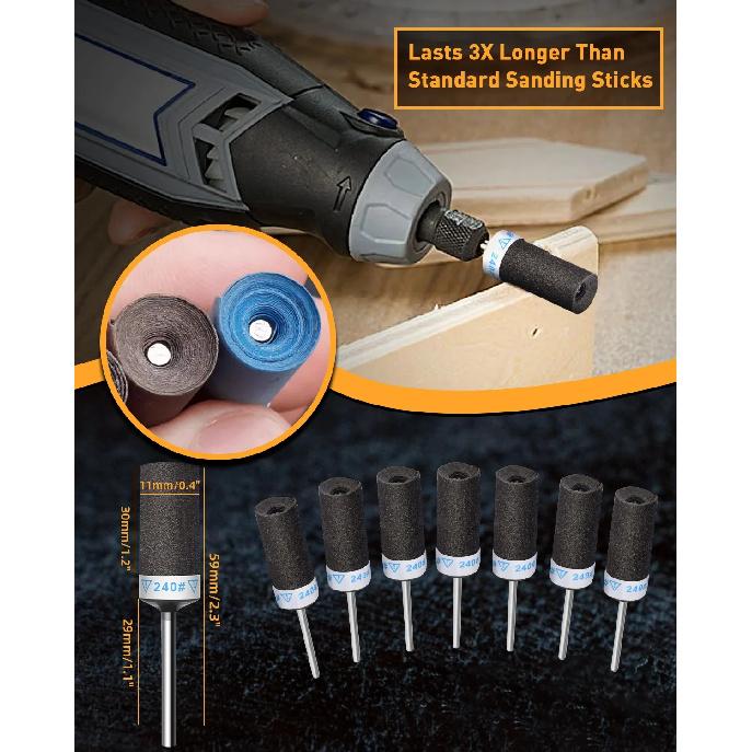 Sanding Drums Set for Dremel Rotary Tool 1/8" Shank Sandpaper Sticks 180-2000 Grits Metal Rust Removal Stone Grinding Polishing