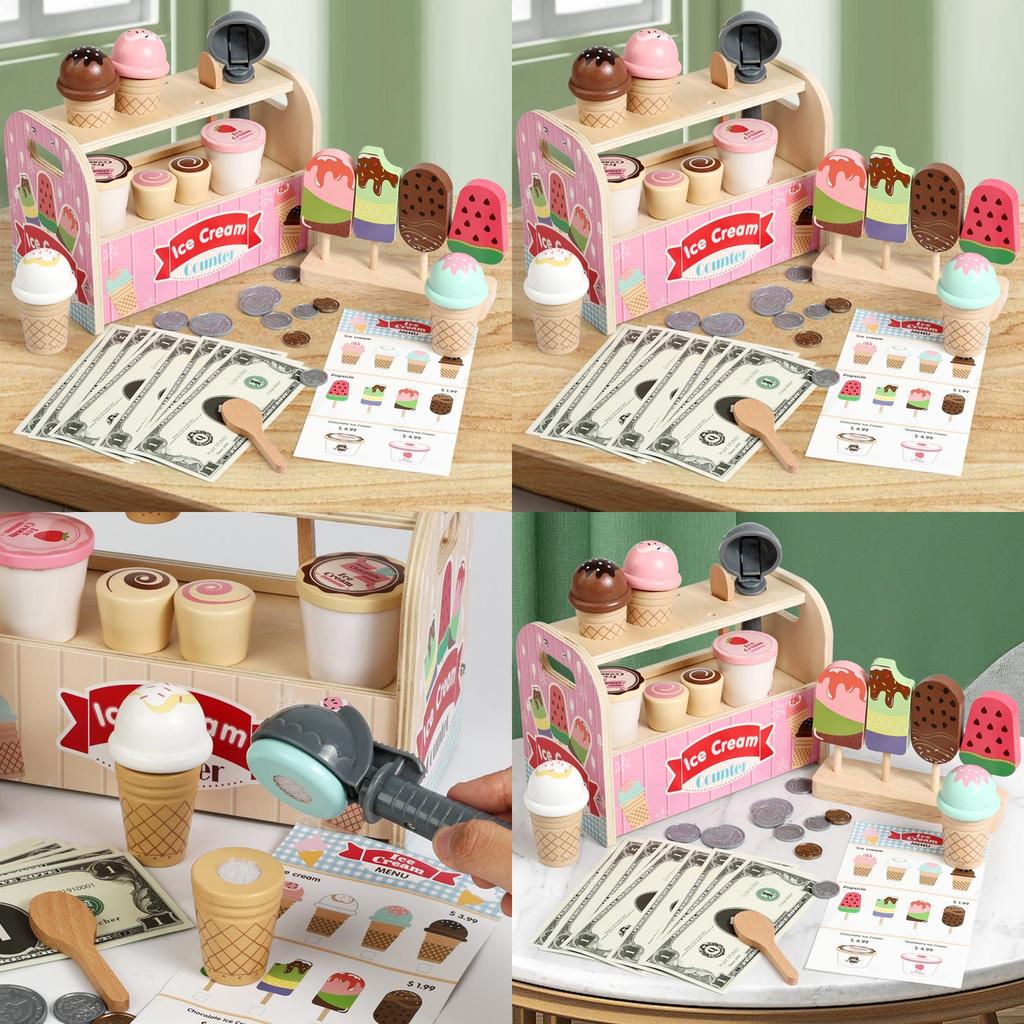 Wooden Simulation Ice Cream Shelf Children Puzzle Interactive Toy For Learning And Creative Play