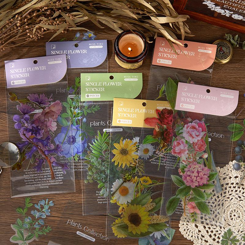 10 Sheets Large Size Flower Sticker Pack, Fresh Floral Journal Decor, Diary Album DIY Collage Material