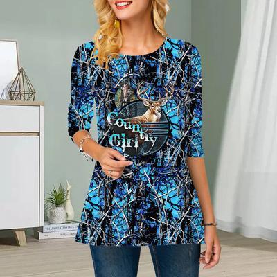 Плюс Размер Женский Цветочный Животный Принт Круглый Вырез Повседневный Свободный Длинный Рукав Топ