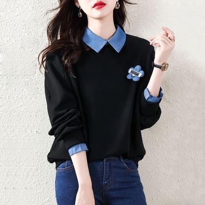 Стильные уличные толстовки с цветочной лоскутной вставкой, весна-осень, имитация двух частей, свободные, с воротником поло, женские пуловеры с длинным рукавом