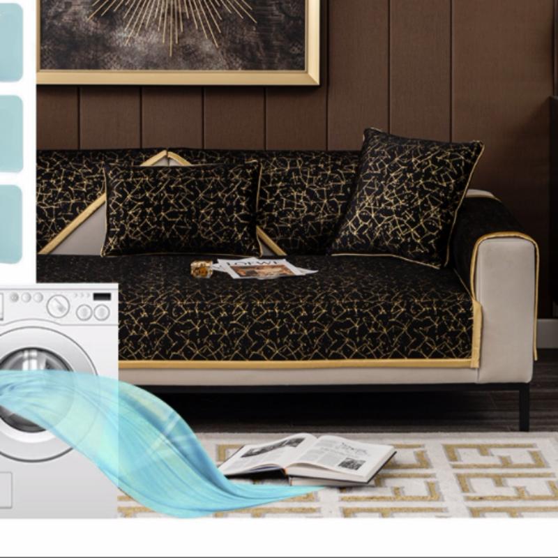 High-end Black Gold Leather Sofa Cushion Modern Non-slip Anti Cat Scratching Chair Pad Satin Edging Recliner Cover Towel Winter
