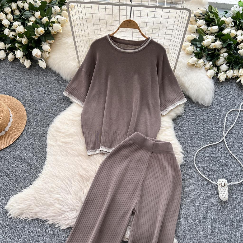 Летний женский трикотажный свитер, брюки, комплект из двух предметов, женский свитер с коротким рукавом, топ и брюки длиной до щиколотки, спортивный костюм