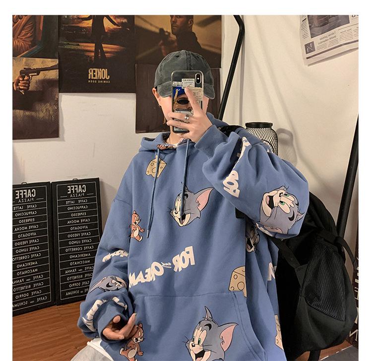2021 Men's Loose Fit Cartoon Print Plush Hoodie Jacket