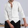 Мужская рубашка из хлопка и льна, однотонная, с воротником-хенли, повседневная, деловая, базовый стиль, облегающая, однобортная, легкая