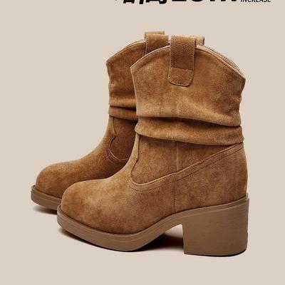 Женские ботинки на высоком каблуке средней высоты, осенне-зимние 2025 года, новые, на толстом каблуке, универсальные, маленькие короткие ботинки, ковбойские ботинки