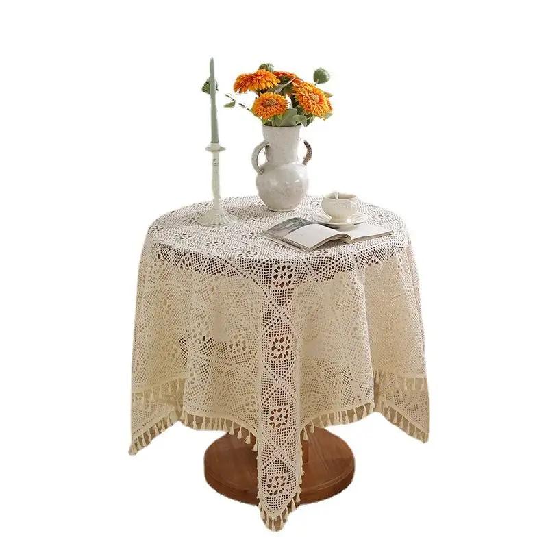 Вязаная ажурная скатерть из хлопчатобумажной нити, прямоугольная квадратная домашняя крышка для стола, бежевое кружевное декоративное полотенце с бахромой