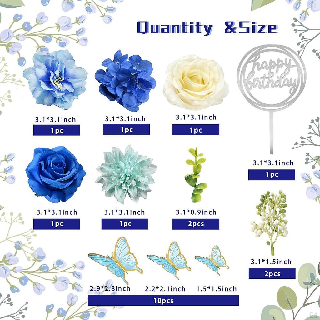 20Pcs Flower Cake Topper Birthday Decoration with Eucalyptus for Butterfly Theme Party