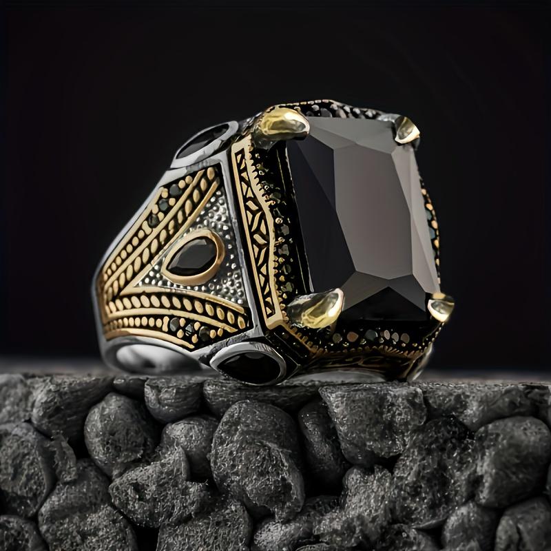 Ретро Мужские Турецкие Печатки Ручной Работы Кольцо с Резным Орлом Цвета Старинного Серебра Вставка из Черного Циркона Новое Панк Мотоциклетное Кольцо