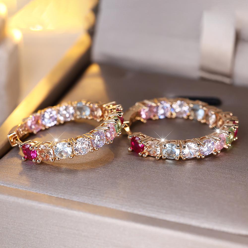 For Earrings Rainbow Luxury Hoop Women Round Colorful Cubic Zirconia Earrings Wedding Party Jewelry