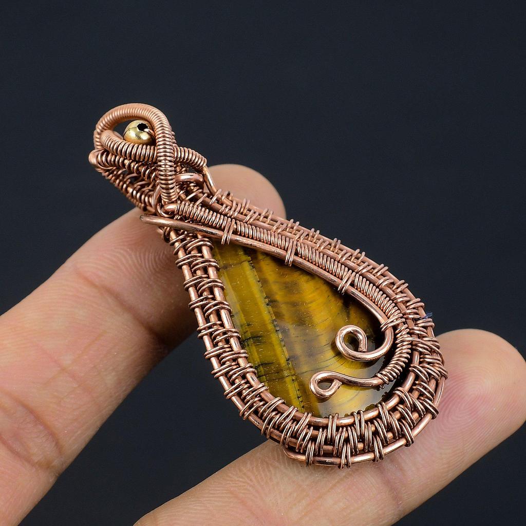 Tiger Eye Pendant, Handmade Gemstone 999 Copper Wire Wrapped Pendant Antique Jewelry, For Gift Silver Jewelry