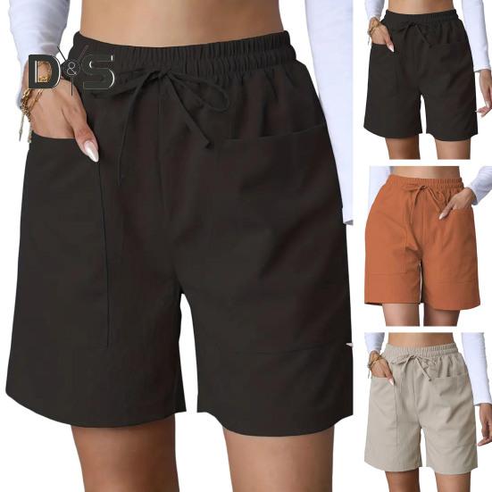 Women's Summer Shorts Casual Stretch Mid Waist Shorts with Pockets Drawstring Wide Leg Sports Pants Fitness Outfit