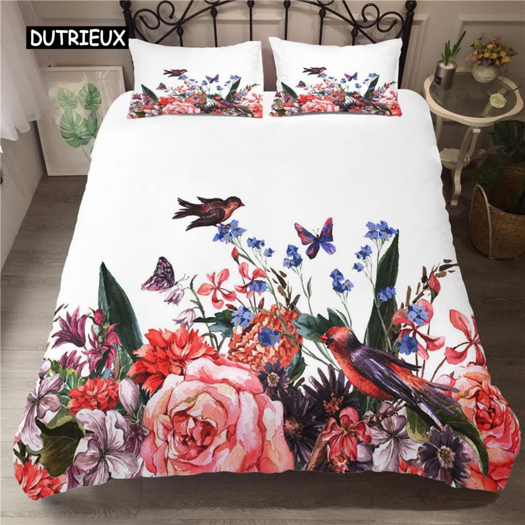 Цветочный пододеяльник, комплект постельного белья, белый узор с бабочками и цветами, фантазийный фиолетовый фон, комплект постельного белья с цветочной тематикой, королевский размер, пододеяльник