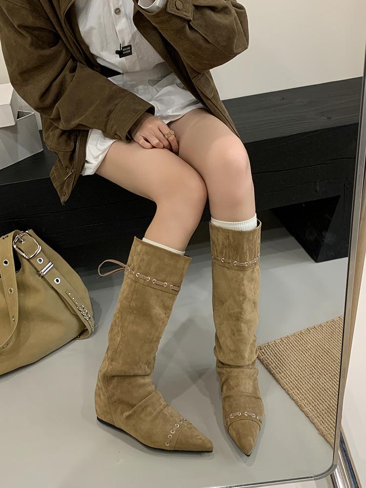 Богемные женские сапоги до колена, кисточки, сапоги из искусственной замши, девичьи сабо, пробковая стелька, длинные боты для женщин, зимняя обувь для улицы