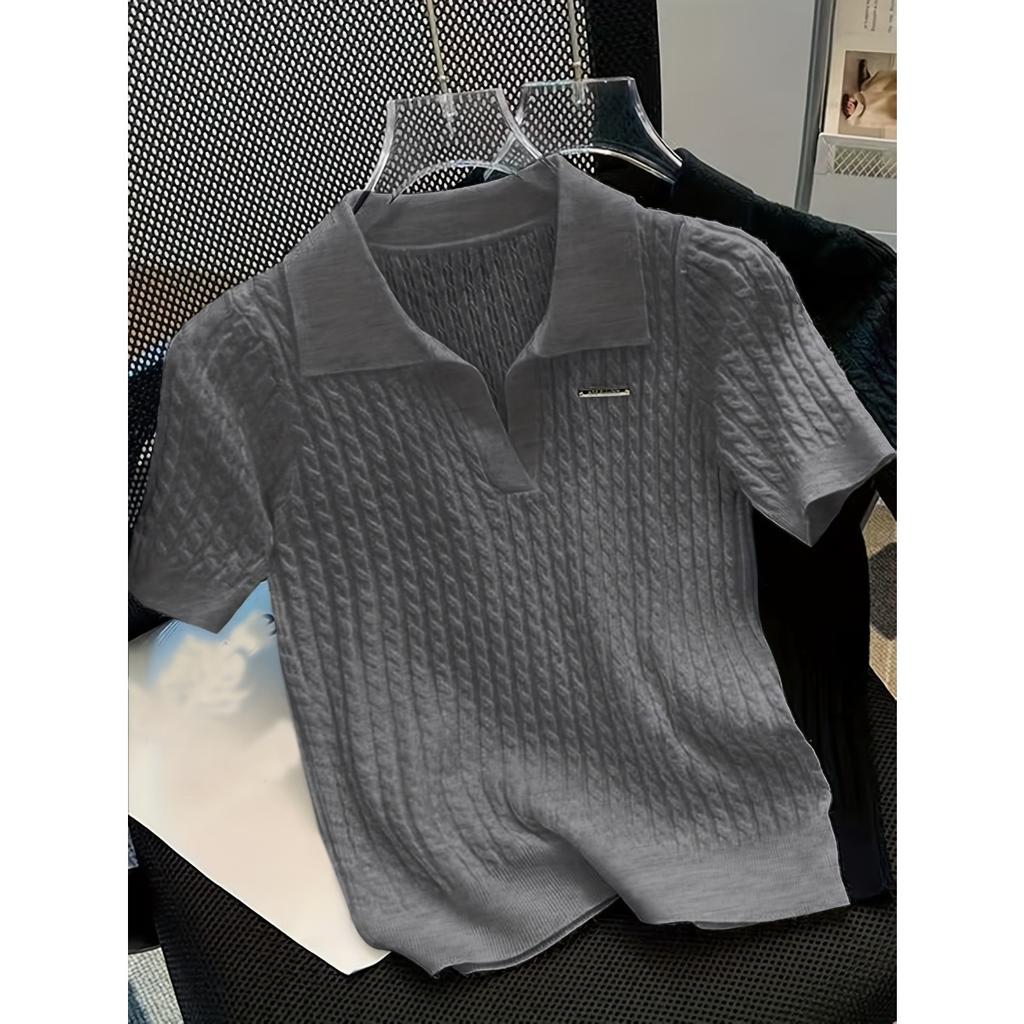 Temperament Lapel Ice Silk Knit Top Летняя свободная тонкая футболка с короткими рукавами