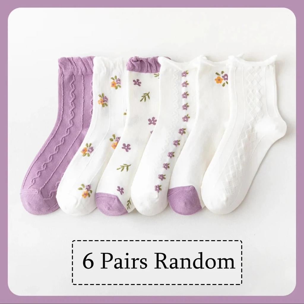 6 пар женских носков средней длины на весну-лето, цвета хаки, с винтажным цветочным узором, ромбами, полосками, милые и удобные