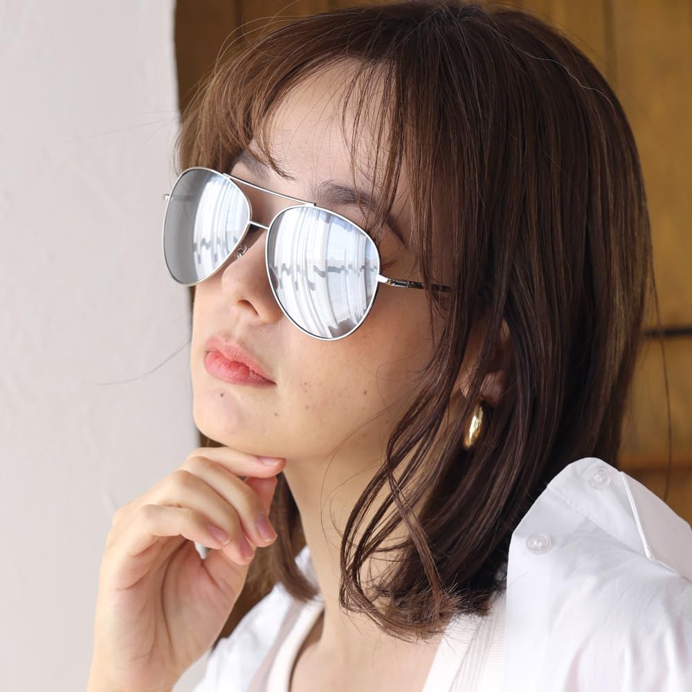 Silver X Silver Ribo Mirror Sunglasses Teardrop Aviator Metal Mirror Lens Color Lens Pilot Unisex Fishing Driving Driving [FashionBerry] 4. Men's