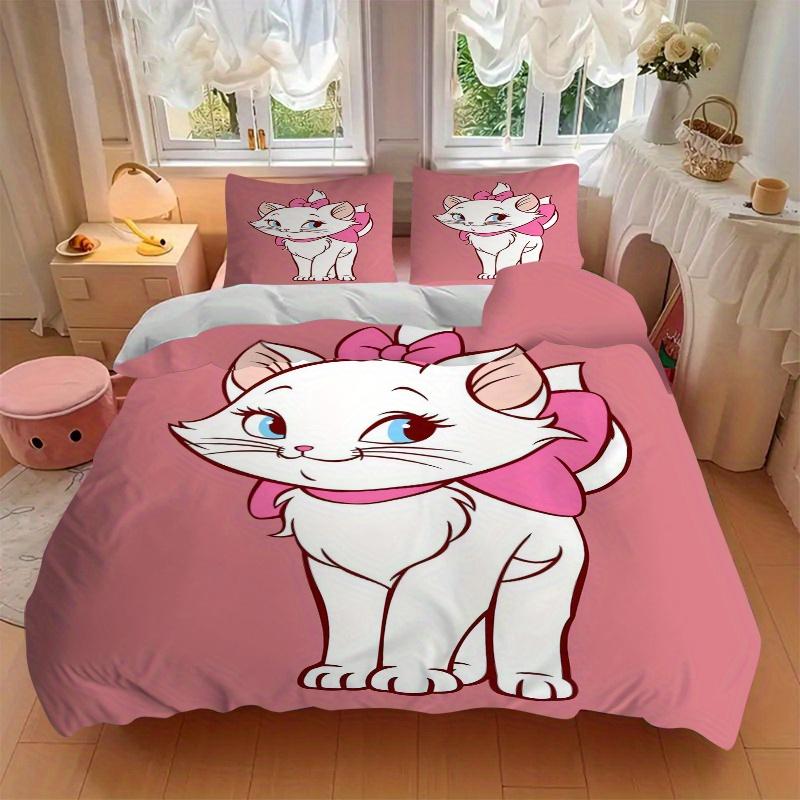 3pcs Adorable Aristocats Marie Cat Pink Bow Printed Bedding Set, Soft and Comfortable Quilt Cover for Bedroom, Guest Room (1 Duvet Cover + 2