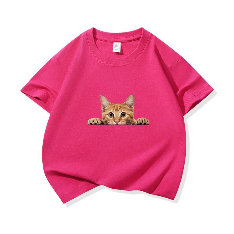 Kids Cotton T Shirt Playful Peeking Orange Tabby Cat Graphic Crew Neck Short Sleeve Tee Casual Breathable Boys Girls Summer Tops