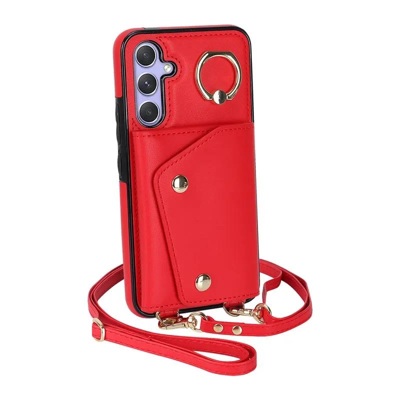 Кошелек-чехол на ремешке-шнурке с кольцом и молнией из кожи для Samsung Galaxy S26 Ultra S25 FE S24 Plus S23 S22 S21 Note 20