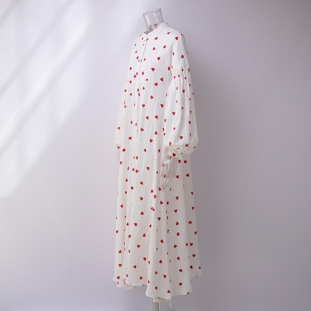 Love Print Dress Women's Spring Summer Splicing Lantern Sleeve Cotton Big Hem Dresses