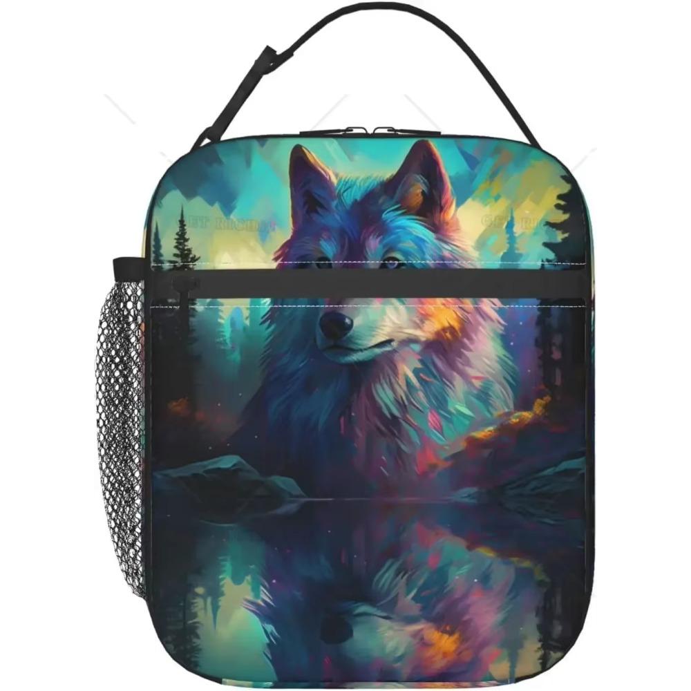 Собака Волк Картина Животные Флуоресцентная Собака Изолированная Сумка Для Обеда Для Женщин Мужчин Многоразовый Портативный Ланч-бокс Тоут с Карманом для Работы