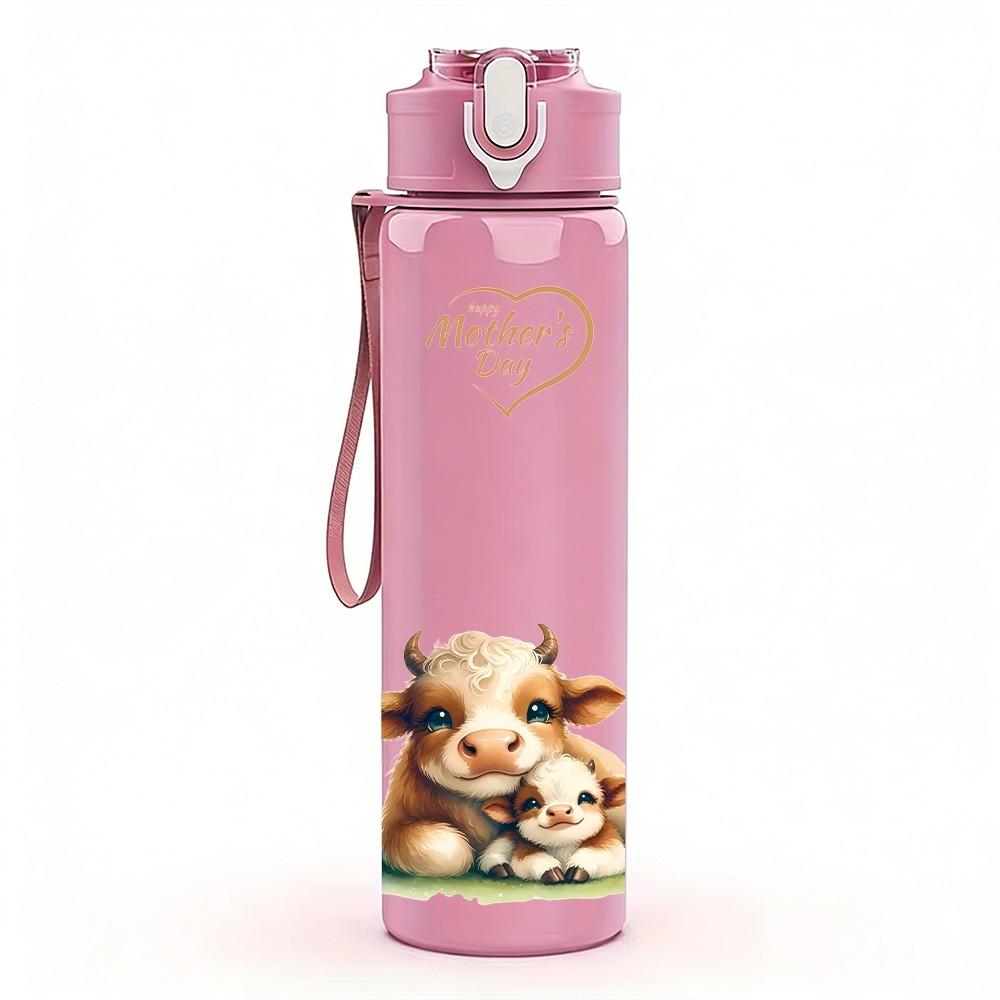 1PC Baby Cow Cute Watercolor Print 750ml Color Plastic Sports Water Bottle Leakproof Flip Straw Lid Suitable for Sports Office Home Use