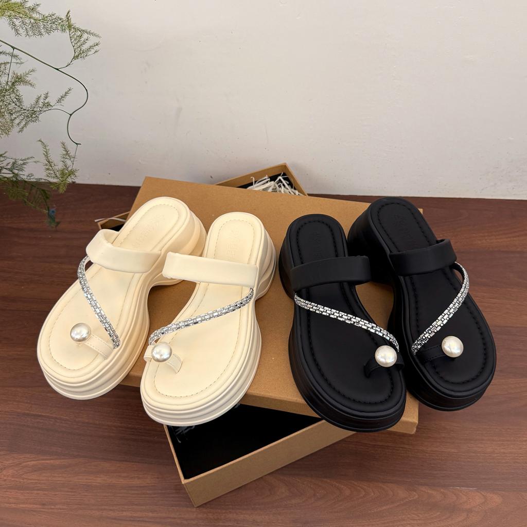 Fashion Women's Summer Outdoor Wear French Style Thick Bottom Heightening Anti-Slip Easy To Match Slides Fashionable Slip-On Sandals