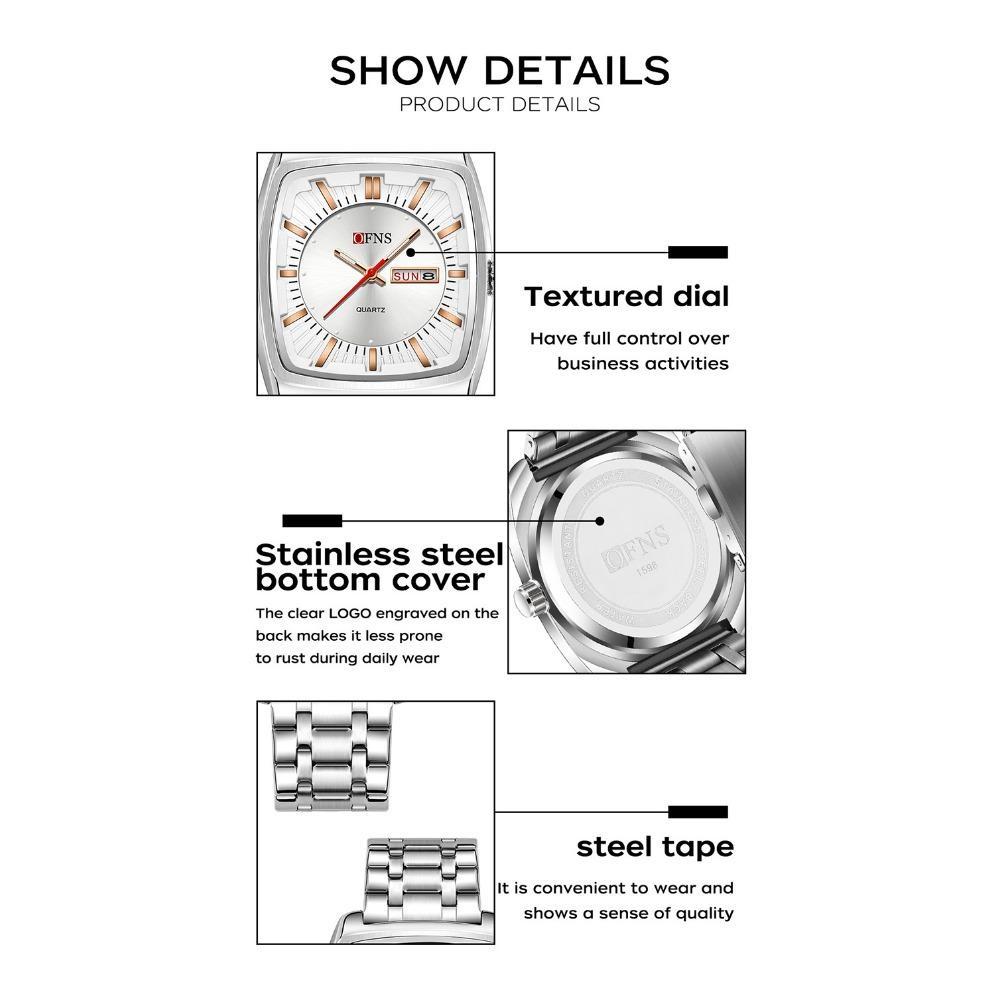 OFNS Квадратный механизм Водонепроницаемые мужские наручные часы Отображение даты и дня недели Мужские часы Роскошные кварцевые мужские часы