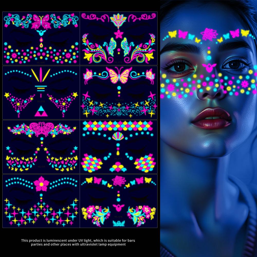 4/8 шт. Флуоресцентные наклейки-тату на лицо, временные наклейки с красочным дизайном цветов/бабочек/перьев, водостойкие татуировки для макияжа/вечеринки