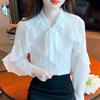 Autumn Fashion New 2024 Long Sleeve Bow Collar Casual Ruffles White Chiffon Blouse Shirt Women Tops Blouses Shirts J516