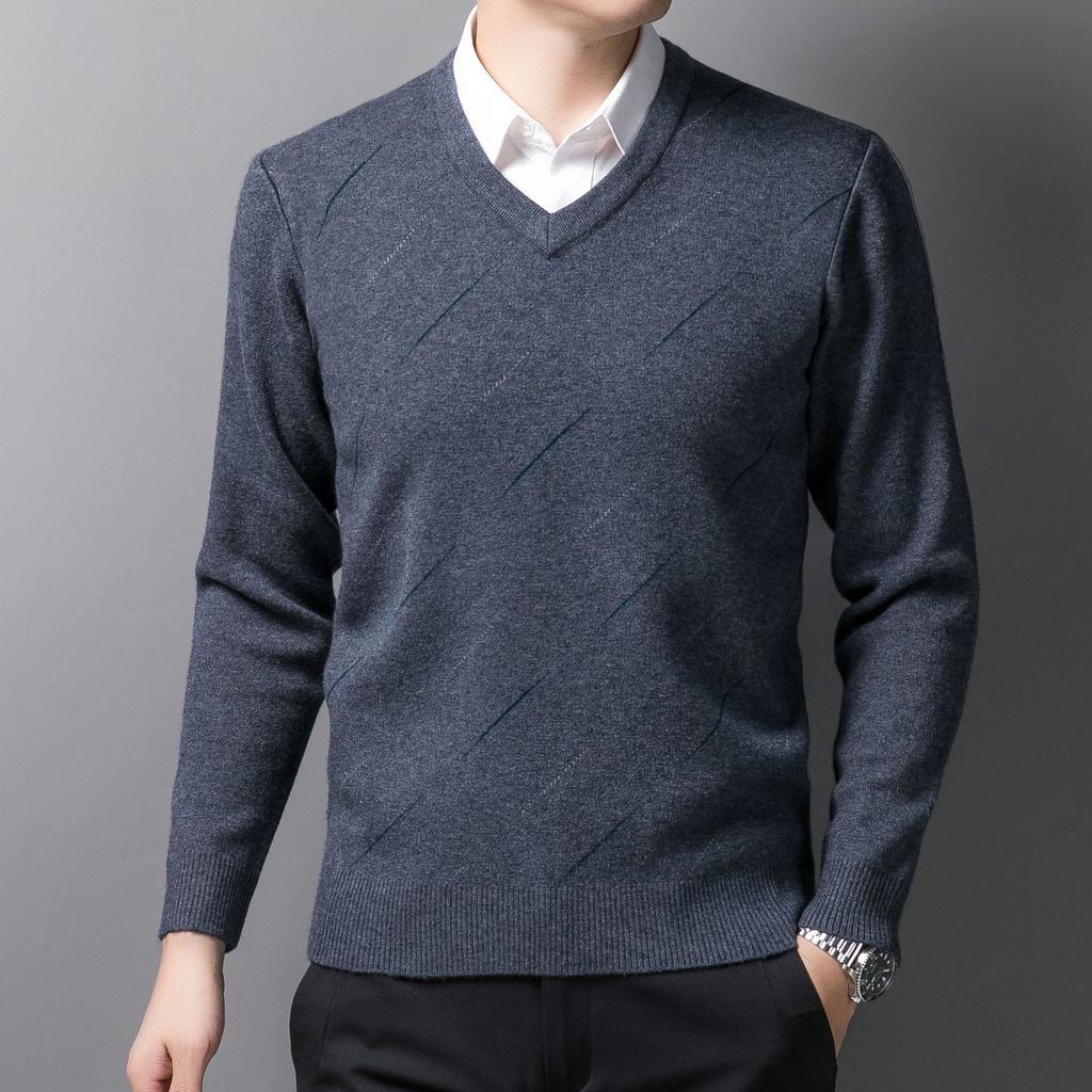 Man Autumn and Winter Clothes Middle-aged V-neck Sweater Men's Thickened Sweater Knitted Base Shirt