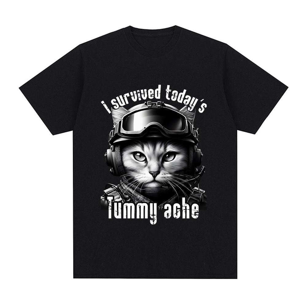 Я выжил сегодняшнюю боль в животе Футболка Мем с кошачьим узором Футболка мужская с коротким рукавом повседневная 100% хлопок