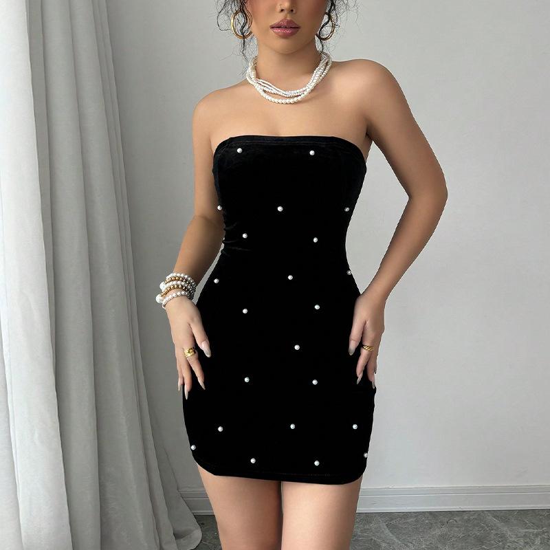 2025 Лето Женщины Сексуальные Перламутровые Сращивание Вечерние Платья Без Бретелек Облегающие Тонкие Эластичные Пакет Бедра Черное Мини Платье Женская Одежда