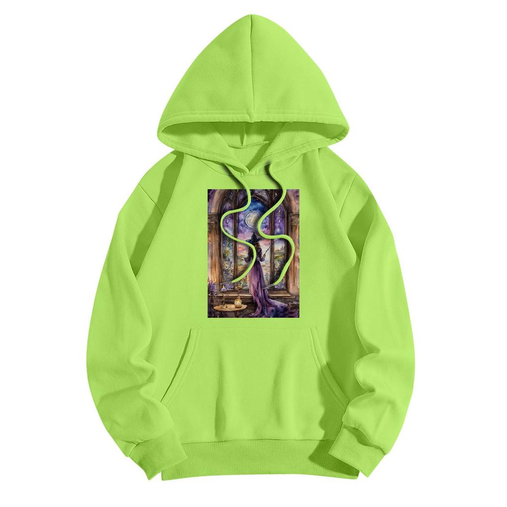 Women's Fashionable Casual Halloween Witch Print Hooded Sweatshirt With Pockets Long Sleeved Sweatshirt