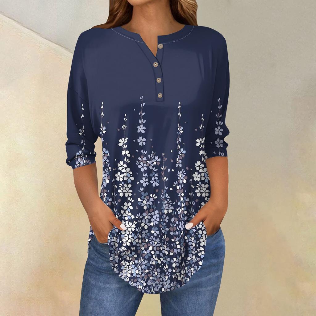 3/4 Length Sleeve Womens Tops Summer T-Shirts Floral Print V Neck Casual Basic Tee Button Shirts Tunic Tops