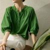 Puff Sleeve Pullover Blouse Women Vintage Elegant Green Blosues Women Loose Autumn Shirt Tops