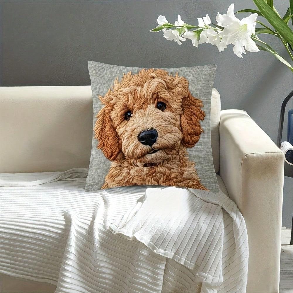 1Pc Cute Golden Retriever Faux Embroidery Pillow Cover Polyester 2D Double-Sided Print Sofa Cushion Case Gift For Living Room Be