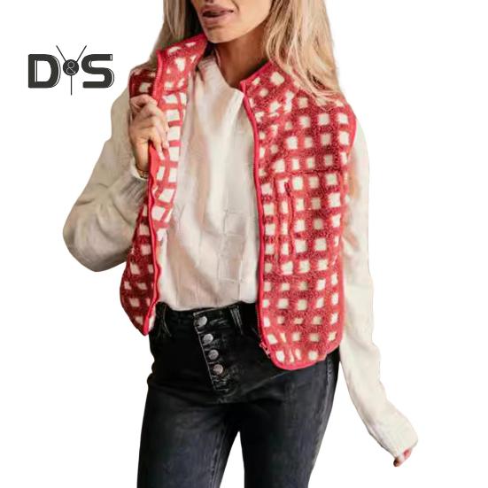Women Vest Jacket Stand-up Collar Contrast Color Sleeveless Checked Pattern Cardigan Waistcoat Zipper Closure Daily Outdoor Outerwear