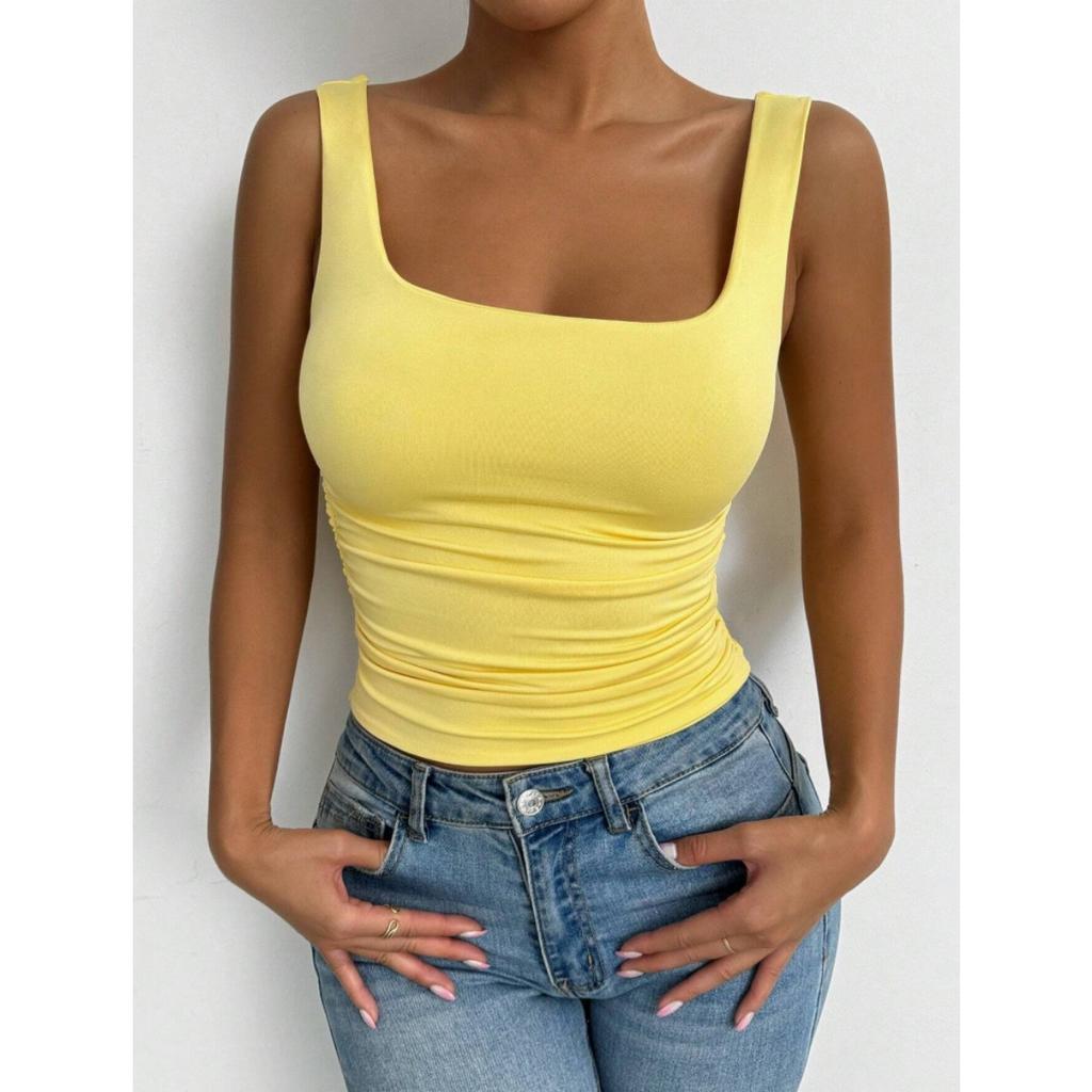 Women's Sleeveless Camisole Vest with Square Neckline, Casual Basic Style, Exposed Navel Top