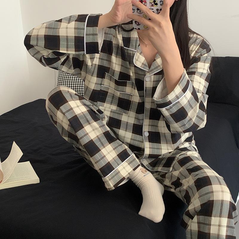 Korean version ins simple plaid pajamas women's spring and summer new girls long-sleeved home can be worn outside real shot