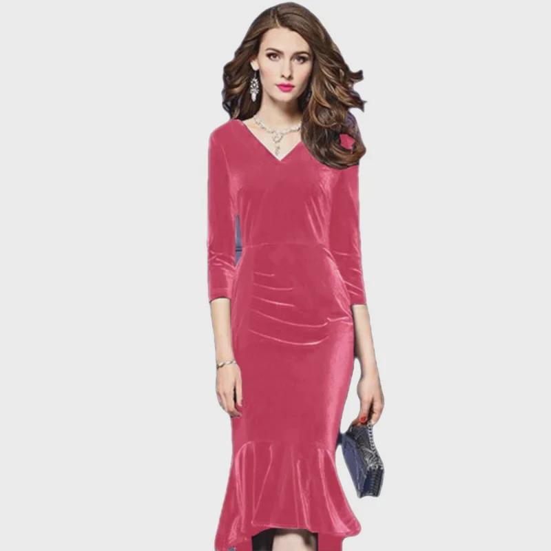 2022 Autumn/Winter Women's Gold Velvet V-Neck Slim Fishtail Dress