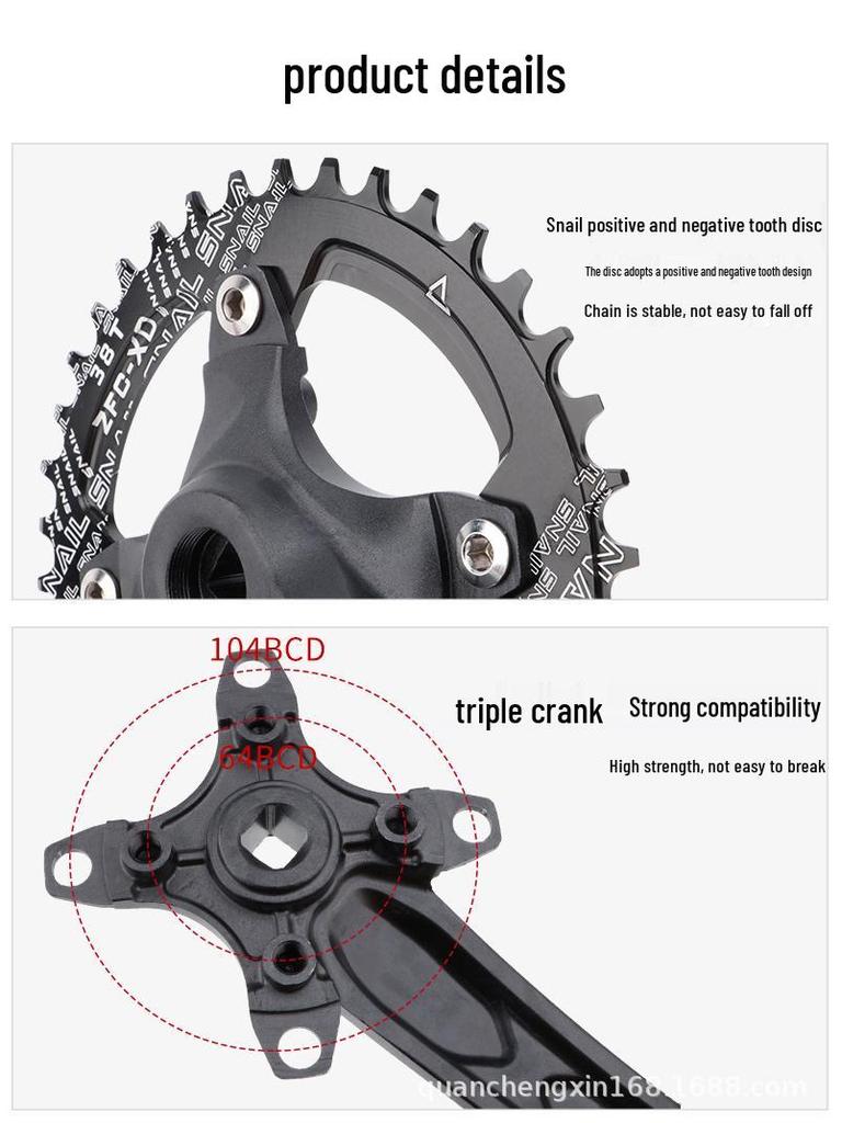 RIRO Mountain Bike Crankset, Square Hole, 10/11-Speed, 104BCD, Positive/Negative Tooth, Single/Double Disc